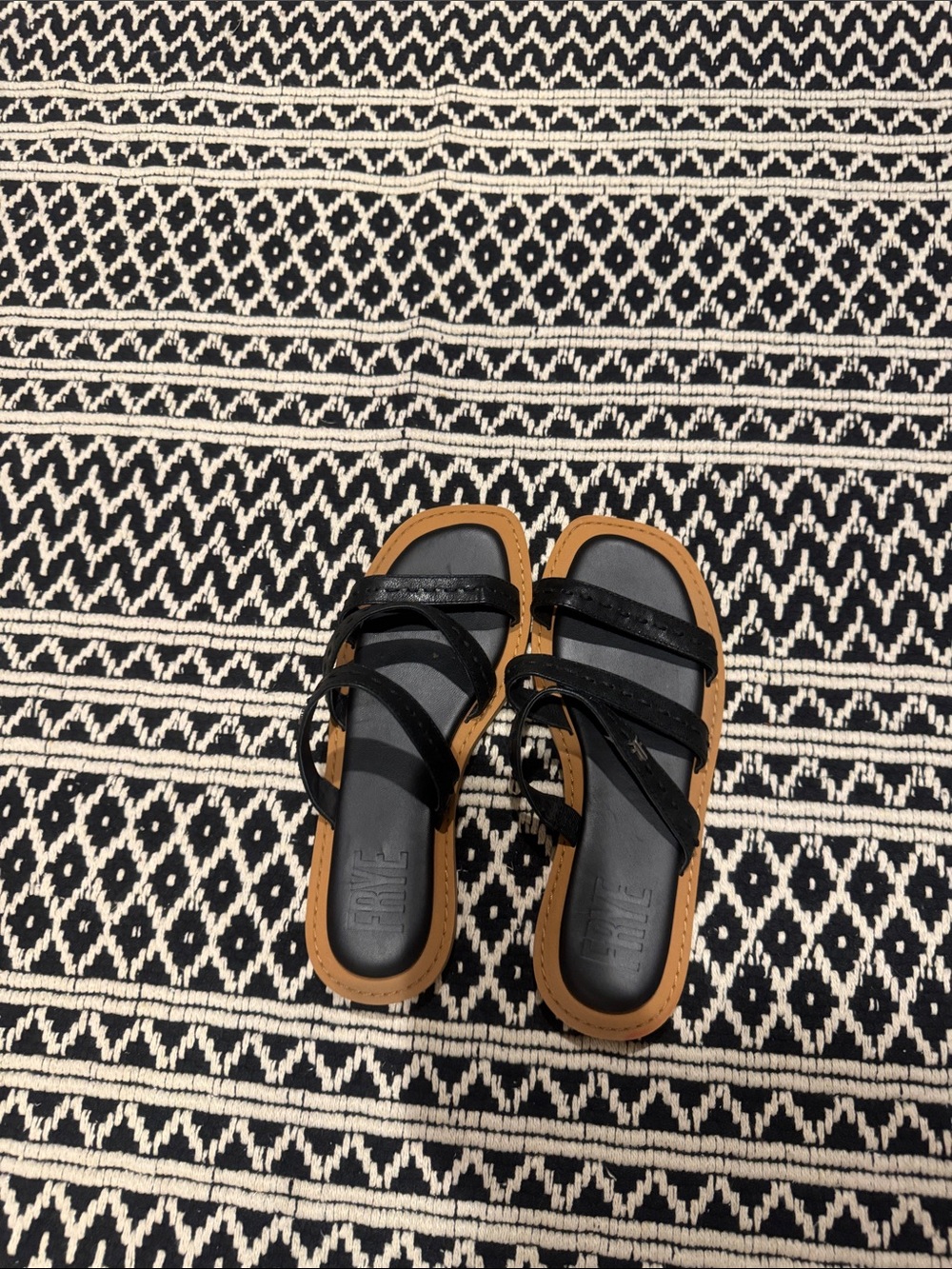 Frye Black Strappy Women's Sandals with Tan Sole